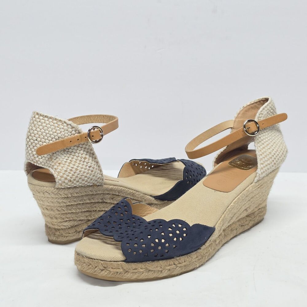 Kanna Anthropologie Navy Beige Laser-cut Espadrille Wedge Sandal Women's 9.5